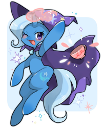 Size: 900x1100 | Tagged: safe, artist:pikudan, derpibooru import, trixie, pony, unicorn, blushing, cape, clothes, cup, cute, diatrixes, female, glowing horn, hat, looking at you, magic, mare, one eye closed, solo, teacup, that pony sure does love teacups, trixie's cape, trixie's hat, wink