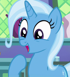 Size: 568x628 | Tagged: safe, derpibooru import, screencap, trixie, pony, unicorn, all bottled up, cute, diatrixes, female, mare, open mouth, raised hoof, smiling, solo