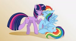 Size: 1980x1080 | Tagged: safe, artist:hara-shun, derpibooru import, rainbow dash, twilight sparkle, pegasus, pony, female, imminent kissing, lesbian, now kiss, shipping, twidash, wingboner