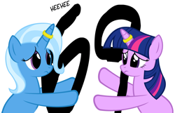 Size: 874x563 | Tagged: safe, artist:navitaserussirus, derpibooru import, trixie, twilight sparkle, pony, unicorn, 69 (number), asktwixiegenies, eye contact, female, frown, holding, horn ring, lesbian, looking at each other, mare, reaching, sad, separation, shipping, simple background, twixie, white background