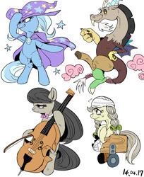 Size: 1000x1225 | Tagged: safe, artist:nekubi, derpibooru import, discord, jinx, octavia melody, trixie, draconequus, earth pony, pony, unicorn, leap of faith, amputee, bipedal, cello, katawa jinx, musical instrument, stump