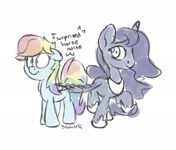 Size: 2700x2300 | Tagged: safe, artist:bobdude0, princess luna, rainbow dash, alicorn, pegasus, pony, butt touch, descriptive noise, feathermarking, female, horse noises, lesbian, lunadash, mare, meme, personal space invasion, shipping, simple background, sketch, surprised, white background