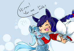 Size: 1000x700 | Tagged: safe, artist:itsayellohpuppy, derpibooru import, trixie, human, pony, unicorn, ahri, female, filly, hug, league of legends, tumblr, younger