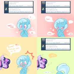 Size: 1600x1600 | Tagged: safe, artist:ask-little-trixie, derpibooru import, trixie, twilight sparkle, pony, unicorn, ask, comic, female, filly, korean, lesbian, shipping, tumblr, twixie, younger
