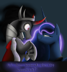 Size: 5000x5390 | Tagged: safe, artist:mickeymonster, artist:midnightsonare, king sombra, princess luna, alicorn, pony, unicorn, absurd resolution, bedroom eyes, eye contact, female, frown, lumbra, male, open mouth, rearing, scared, shipping, smiling, smirk, straight, wide eyes