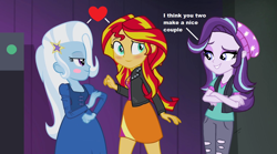 Size: 1280x714 | Tagged: safe, artist:angell09gamer, artist:themexicanpunisher, derpibooru import, edit, edited screencap, screencap, starlight glimmer, sunset shimmer, trixie, equestria girls, rainbow rocks, beanie, blush sticker, blushing, clothes, counterparts, crossed arms, dialogue, female, hat, lesbian, shipping, suntrix, twilight's counterparts, vest