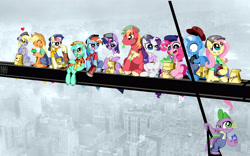 Size: 4800x3000 | Tagged: safe, artist:inkypsycho, derpibooru import, applejack, big macintosh, bon bon, derpy hooves, fluttershy, gummy, lyra heartstrings, pinkie pie, rainbow dash, rarity, spike, sweetie drops, trixie, twilight sparkle, dragon, earth pony, pegasus, pony, unicorn, beer, bon bon is not amused, cigarette, clothes, food, girder, gloves, lunch atop a skyscraper, male, parody, sandwich, smoking, stallion, tattoo