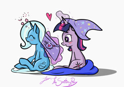 Size: 1000x700 | Tagged: safe, artist:tivy, derpibooru import, trixie, twilight sparkle, blushing, brushie, female, hairbrush, happy, heart, lesbian, shipping, twixie