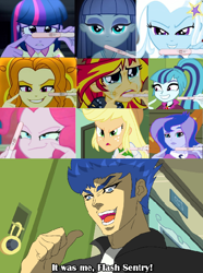 Size: 790x1064 | Tagged: safe, adagio dazzle, applejack, flash sentry, maud pie, pinkie pie, princess luna, sonata dusk, sunset shimmer, trixie, twilight sparkle, vice principal luna, equestria girls, dio brando, exploitable meme, flash sentry gets all the mares, it was me, jojo's bizarre adventure, meme, pregnancy test, pregnancy test meme, waifu thief