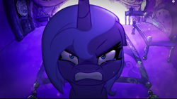 Size: 1440x813 | Tagged: safe, artist:warpout, princess luna, alicorn, pony, angry, bedroom, crying, fangs, glare, gritted teeth, looking at you, lullaby for a princess, s1 luna, solo, tears of anger