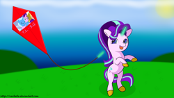 Size: 1920x1080 | Tagged: safe, artist:raribelle, derpibooru import, starlight glimmer, trixie, pony, unicorn, glowing horn, kite, kite flying, solo, starlight glimmer day