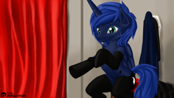 Size: 1920x1080 | Tagged: safe, artist:tsaritsaluna, princess luna, alicorn, pony, clothes, dressing, dressing room, sitting, socks, solo