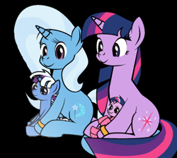 Size: 364x326 | Tagged: safe, artist:dekomaru, derpibooru import, edit, trixie, twilight sparkle, oc, oc:aurora, oc:nebula, pony, unicorn, ask, baby, baby pony, black background, colt, cropped, female, filly, lesbian, magical lesbian spawn, male, offspring, parent:trixie, parent:twilight sparkle, parents:twixie, shipping, simple background, tumblr, tumblr:ask twixie, twixie