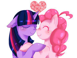 Size: 1000x750 | Tagged: safe, artist:charmyamber, derpibooru import, pinkie pie, twilight sparkle, earth pony, pony, blushing, eyes closed, female, happy, heart, lesbian, shipping, twinkie