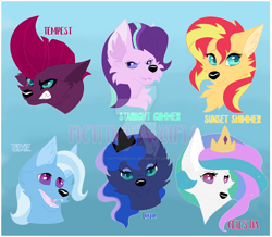 Size: 1024x893 | Tagged: safe, artist:fictitiouswolf, derpibooru import, princess celestia, princess luna, starlight glimmer, sunset shimmer, tempest shadow, trixie, wolf, my little pony: the movie, species swap, watermark, wolfified