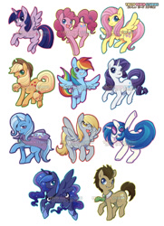 Size: 688x950 | Tagged: safe, artist:tastypeach, derpibooru import, applejack, derpy hooves, dj pon-3, doctor whooves, fluttershy, pinkie pie, princess luna, rainbow dash, rarity, trixie, twilight sparkle, twilight sparkle (alicorn), vinyl scratch, alicorn, earth pony, pegasus, pony, unicorn, cape, clothes, cowboy hat, female, flying, hat, headphones, looking at you, male, mane six, mare, necktie, simple background, stallion, watermark, white background