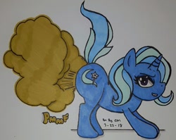 Size: 400x318 | Tagged: safe, artist:lewdtempest, derpibooru import, trixie, fart, fart noise, female, looking at you, onomatopoeia, solo, sound effects, the great and flatulent trixie, traditional art