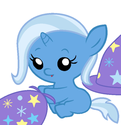 Size: 594x614 | Tagged: safe, artist:beavernator, derpibooru import, trixie, pony, baby, baby pony, cape, clothes, cute, diatrixes, foal, hat, simple background, sitting, smiling, solo, trixie's cape, trixie's hat, white background