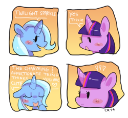 Size: 1280x1176 | Tagged: safe, artist:cherivinca, derpibooru import, trixie, twilight sparkle, blushing, comic, cute, dialogue, eyes closed, female, floppy ears, lesbian, open mouth, shipping, smiling, surprised, twixie
