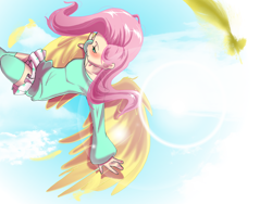 Size: 1600x1200 | Tagged: safe, artist:thamutt, fluttershy, blushing, clothes, feather, graceful, humanized, sky, socks, sun, thigh highs, winged humanization