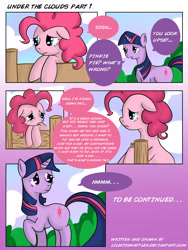 Size: 2550x3390 | Tagged: safe, artist:lilmisswaffles, derpibooru import, pinkie pie, twilight sparkle, earth pony, pony, comic:under the clouds, comic, high res, under the clouds