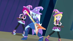 Size: 1920x1080 | Tagged: safe, derpibooru import, screencap, fuchsia blush, lavender lace, trixie, equestria girls, rainbow rocks, clothes, female, guitar, hat, smiling, smirk, trio, trio female, trixie and the illusions, trixie's hat, under our spell