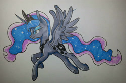 Size: 2762x1810 | Tagged: safe, artist:bleedingwings12, princess luna, alicorn, pony, female, flying, mare, solo, traditional art