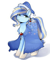 Size: 1024x1219 | Tagged: safe, artist:chloeprice228, derpibooru import, applejack, trixie, earth pony, pony, unicorn, cape, clothes, female, freckles, fusion, hat, looking at you, mare, nightcap, simple background, transparent background