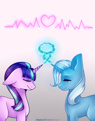 Size: 1024x1297 | Tagged: safe, artist:chloeprice228, derpibooru import, starlight glimmer, trixie, pony, unicorn, abstract background, cute, duo, eyes closed, female, heart, magic, mare