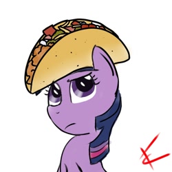 Size: 700x700 | Tagged: safe, derpibooru import, twilight sparkle, pony, looking up, signature, simple background, solo, taco, taco hat, taco twilight, white background