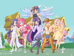 Size: 1104x849 | Tagged: safe, artist:angriestangryartist, artist:t-babe, derpibooru import, angel bunny, applejack, fluttershy, pinkie pie, rainbow dash, rarity, twilight sparkle, human, animal, anime, armpits, belt, bracelet, clothes, cowboy hat, dress, elements of harmony, fingerless gloves, floating, gloves, goggles, group, hat, high heels, humanized, looking at you, mane six, one eye closed, open mouth, pants, paper, ponyville, raised leg, ring, sandals, scarf, stetson, winged humanization, wink