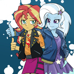 Size: 1000x1000 | Tagged: safe, artist:bojack_mlplove, derpibooru import, sunset shimmer, trixie, better together, equestria girls, forgotten friendship, clothes, cute, diatrixes, duo, geode of empathy, hairpin, hoodie, jacket, leather jacket, looking at you, skirt, smiling, thumbs up