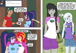 Size: 1280x900 | Tagged: safe, artist:deltalima, derpibooru import, octavia melody, sci-twi, sunset shimmer, timber spruce, trixie, twilight sparkle, equestria girls, alternate universe, camp everfree outfits, cockblock, dialogue, female, imminent sex, implied lesbian, lesbian, scitwishimmer, shipping, sunsetsparkle