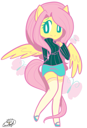 Size: 873x1286 | Tagged: safe, artist:snow angel, fluttershy, anthro, ambiguous facial structure, clothes, pixiv, skirt, solo, sweater, sweatershy, thigh highs