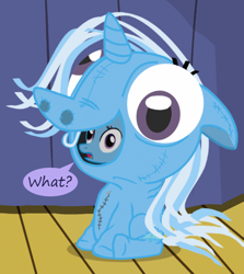 Size: 610x685 | Tagged: safe, artist:evil-dec0y, derpibooru import, trixie, pony, unicorn, clothes, confused, costume, female, floppy ears, frown, inception, looking at you, mare, one word, open mouth, pony costume, reaction image, sitting, solo, speech bubble, stage, wat, wide eyes