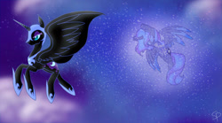 Size: 1024x568 | Tagged: safe, artist:scriptlesspony, nightmare moon, princess luna, alicorn, pony, duality, s1 luna