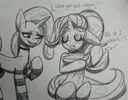 Size: 3002x2340 | Tagged: safe, artist:katkathasahathat, derpibooru import, starlight glimmer, trixie, pony, unicorn, baking, blushing, clothes, cooking, dialogue, duo, eyes closed, sketch, socks, striped socks, sweat, traditional art