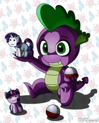 Size: 550x684 | Tagged: safe, artist:xjkenny, derpibooru import, rarity, spike, twilight sparkle, dragon, pony, unicorn, toy