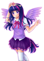 Size: 2200x3000 | Tagged: safe, artist:aikascupcake, twilight sparkle, twilight sparkle (alicorn), alicorn, clothes, horned humanization, humanized, tailed humanization, thigh highs, winged humanization