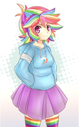 Size: 600x964 | Tagged: safe, artist:chelostracks, rainbow dash, bandage, clothes, hoodie, humanized, rainbow socks, skirt, socks, solo, striped socks, thigh highs