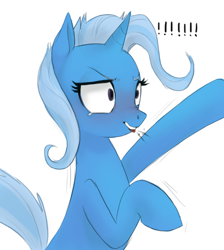 Size: 548x612 | Tagged: safe, artist:ehfa, derpibooru import, trixie, pony, unicorn, behaving like a cat, bipedal, biting, crying, exclamation point, female, hissing, ouch, scared, simple background, solo, tears of pain, tongue bite, tongue out, white background