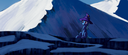 Size: 2476x1080 | Tagged: safe, artist:matthewboyz, derpibooru import, trixie, pony, unicorn, clothes, female, hat, mare, mountain, scenery, sitting, smiling, snow, solo, trixie's hat