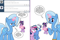 Size: 1204x800 | Tagged: safe, artist:dekomaru, derpibooru import, trixie, twilight sparkle, oc, oc:aurora, oc:nebula, pony, unicorn, age regression, ask, baby, baby pony, colt, comic, diaper, female, filly, magic, magical lesbian spawn, male, offspring, parent:trixie, parent:twilight sparkle, parents:twixie, tumblr, tumblr:ask twixie