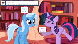 Size: 1280x720 | Tagged: safe, artist:hakunohamikage, derpibooru import, trixie, twilight sparkle, twilight sparkle (alicorn), alicorn, pony, ask, ask-princesssparkle, golden oaks library, pregnant, tumblr