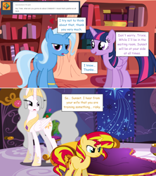 Size: 1280x1444 | Tagged: safe, artist:hakunohamikage, derpibooru import, princess celestia, sunset shimmer, trixie, twilight sparkle, twilight sparkle (alicorn), alicorn, pony, ask, ask-princesssparkle, golden oaks library, gray mane, pregnant, tumblr