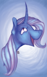 Size: 496x822 | Tagged: safe, artist:eugenchen, derpibooru import, trixie, pony, unicorn, abstract background, bust, curved horn, eyeroll, female, laughing, mare, open mouth, solo