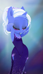 Size: 720x1224 | Tagged: dead source, safe, artist:yuji8sushi, derpibooru import, trixie, semi-anthro, unicorn, alternate hairstyle, ambiguous facial structure, arm behind head, armpits, clothes, dress, hooves, lipstick, little black dress, solo