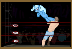 Size: 355x241 | Tagged: safe, artist:woox, derpibooru import, trixie, human, angry, blocks, crossover, crowd, dropkick, flockmod, john cena, jumping, kick, kicking, wrestling, wrestling ring