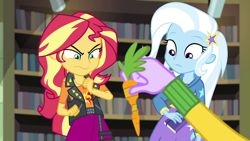 Size: 1920x1080 | Tagged: safe, derpibooru import, screencap, microchips, sunset shimmer, trixie, better together, equestria girls, forgotten friendship, carrot, female, food, geode of empathy, magical geodes, male, most likely to be forgotten