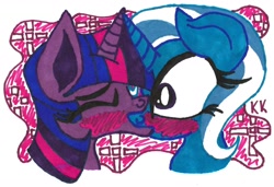 Size: 1572x1077 | Tagged: safe, artist:krazykari, derpibooru import, trixie, twilight sparkle, female, kissing, lesbian, shipping, surprise kiss, traditional art, twixie